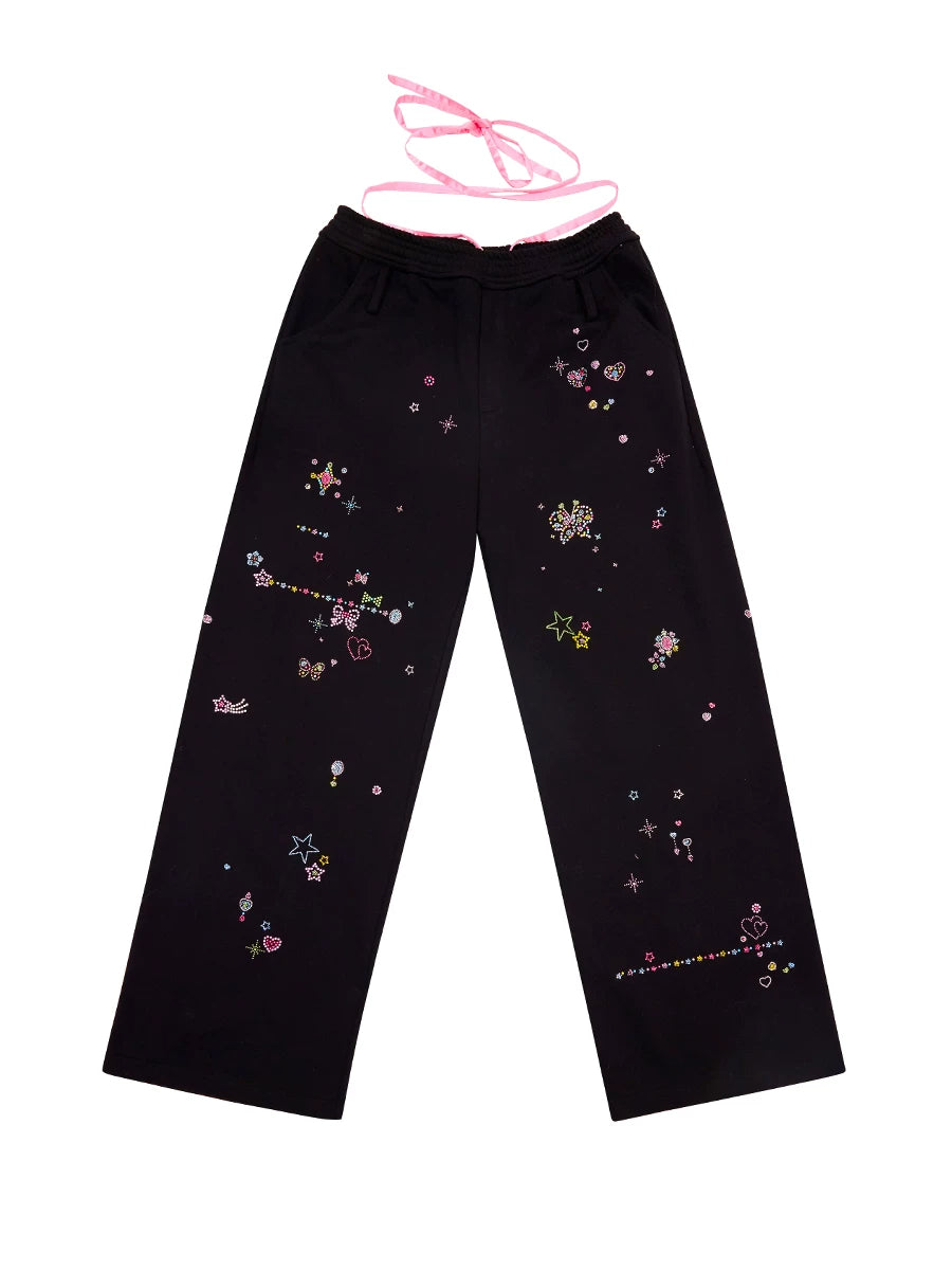 CFIERCE Scattered Rhinestone Wide-Leg Sweatpants - black scattered rhinestone sweatpants flat front