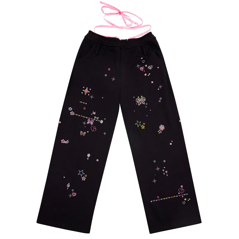CFIERCE Scattered Rhinestone Wide-Leg Sweatpants - black scattered rhinestone sweatpants product front