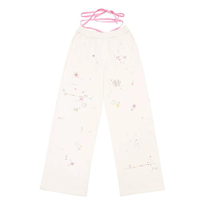 CFIERCE Scattered Rhinestone Wide-Leg Sweatpants - white scattered rhinestone sweatpants product front