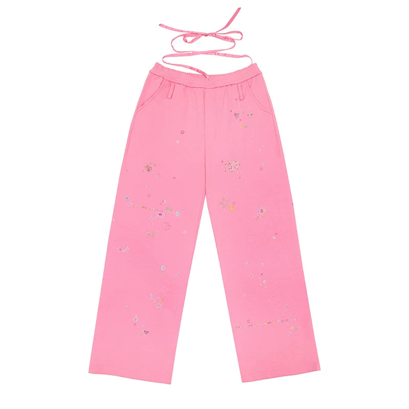 CFIERCE Scattered Rhinestone Wide-Leg Sweatpants - pink scattered rhinestone sweatpants product front