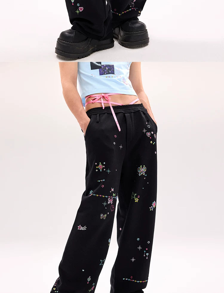 CFIERCE Scattered Rhinestone Wide-Leg Sweatpants - black rhinestone sweatpants waistband and front