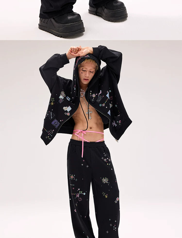 CFIERCE Scattered Rhinestone Wide-Leg Sweatpants - black rhinestone sweatpants model front