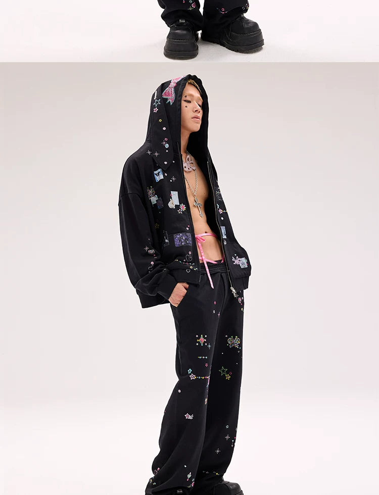 CFIERCE Scattered Rhinestone Wide-Leg Sweatpants - black rhinestone sweatpants model side