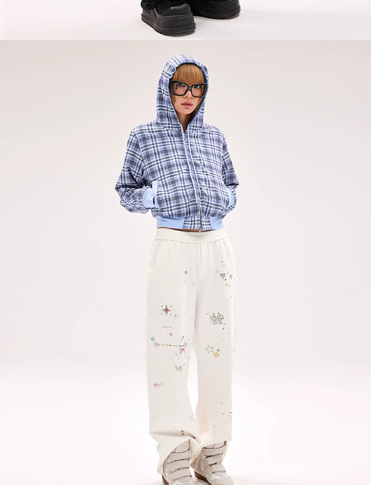 CFIERCE Scattered Rhinestone Wide-Leg Sweatpants - white rhinestone sweatpants model full front