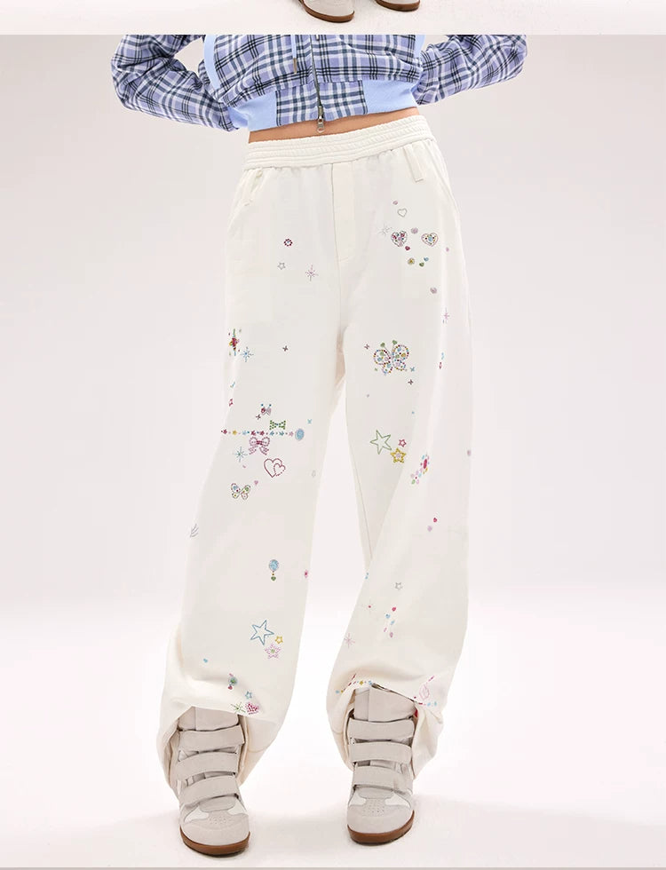 CFIERCE Scattered Rhinestone Wide-Leg Sweatpants - white rhinestone sweatpants model close front