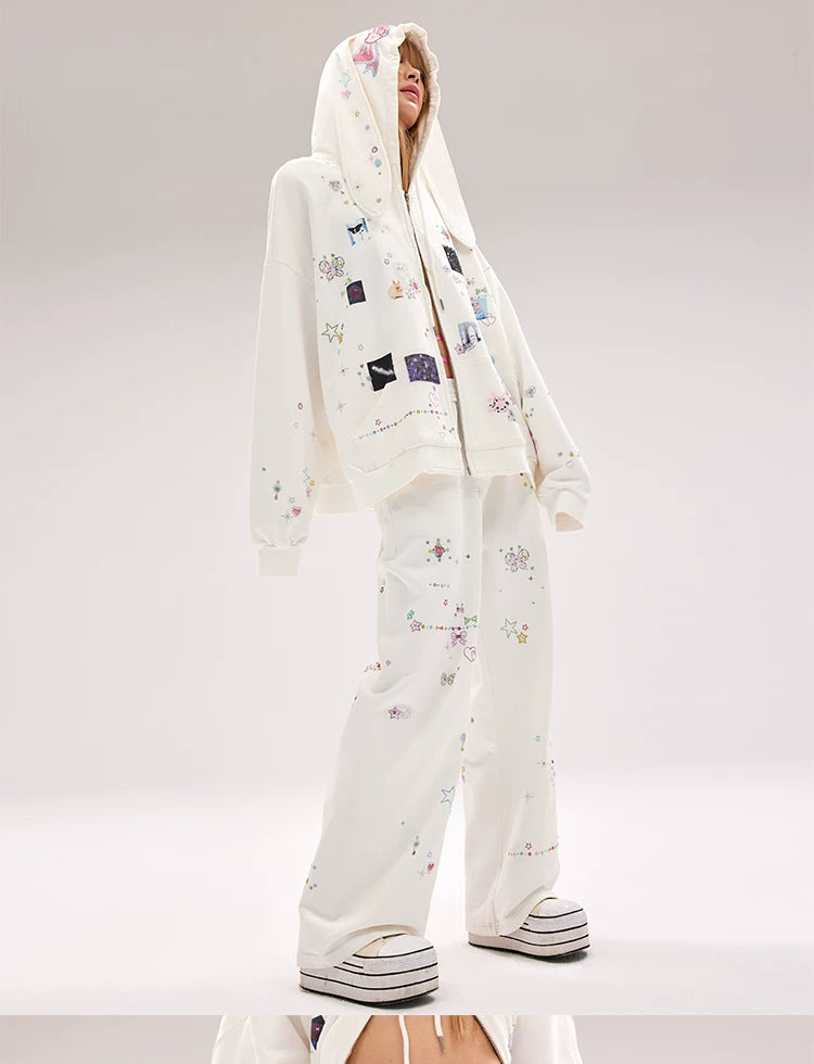 CFIERCE Scattered Rhinestone Wide-Leg Sweatpants - white rhinestone sweatpants model side