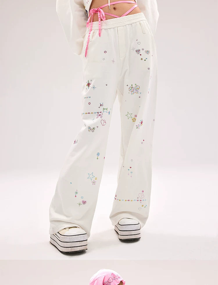CFIERCE Scattered Rhinestone Wide-Leg Sweatpants - white rhinestone sweatpants leg detail