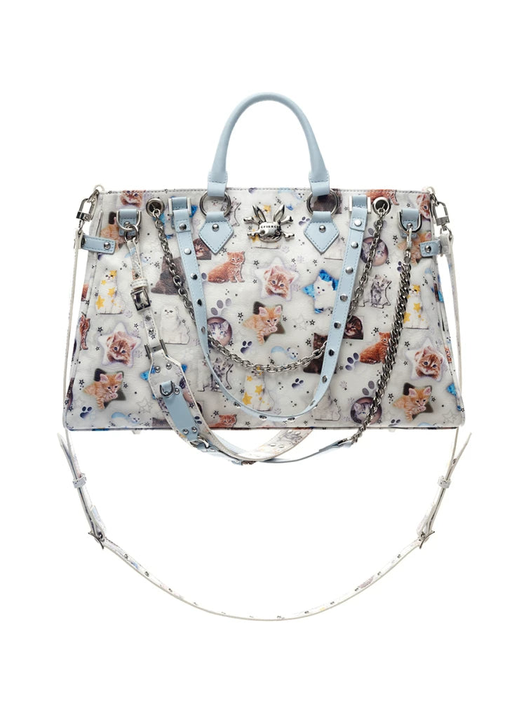 CFIERCE Cat Print Multi-Strap Handbag - white cat print handbag product front