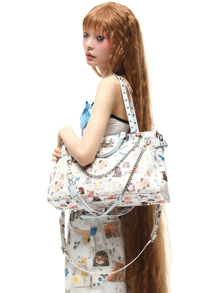 CFIERCE Cat Print Multi-Strap Handbag - cat print handbag worn on shoulder