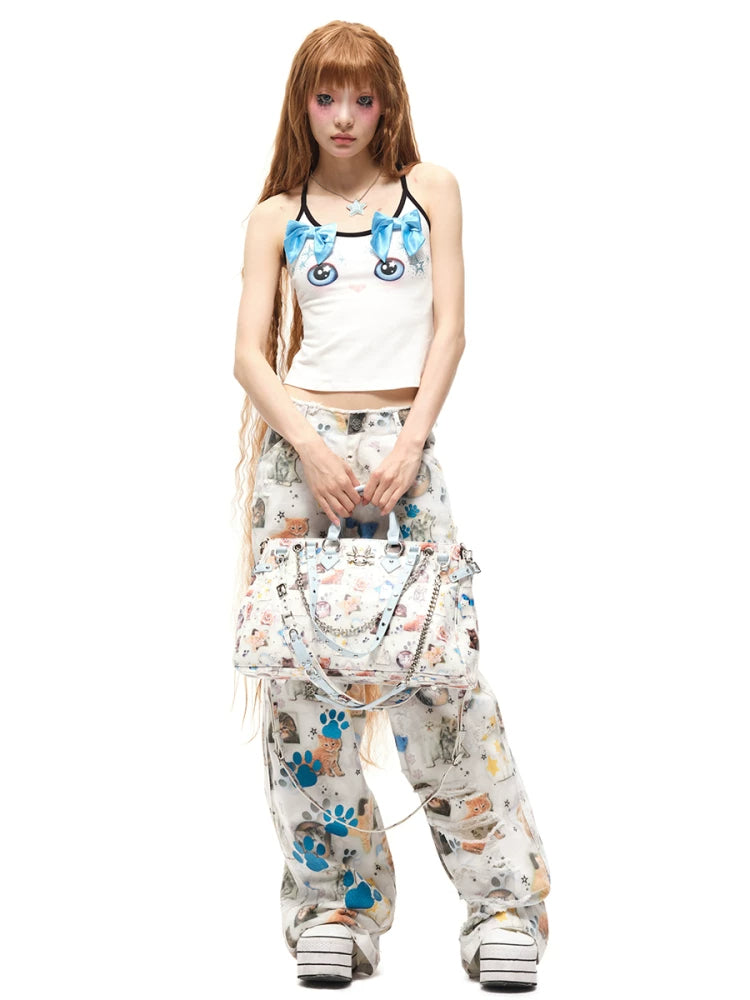 CFIERCE Cat Print Multi-Strap Handbag - cat print handbag held by model