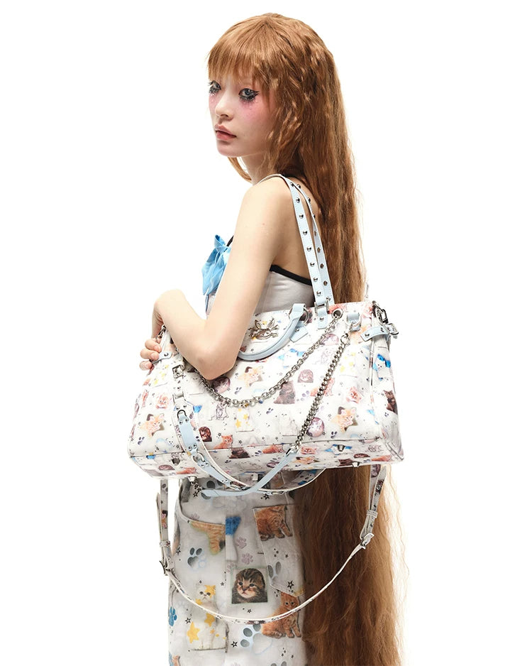 CFIERCE Cat Print Multi-Strap Handbag - cat print handbag shoulder styling side