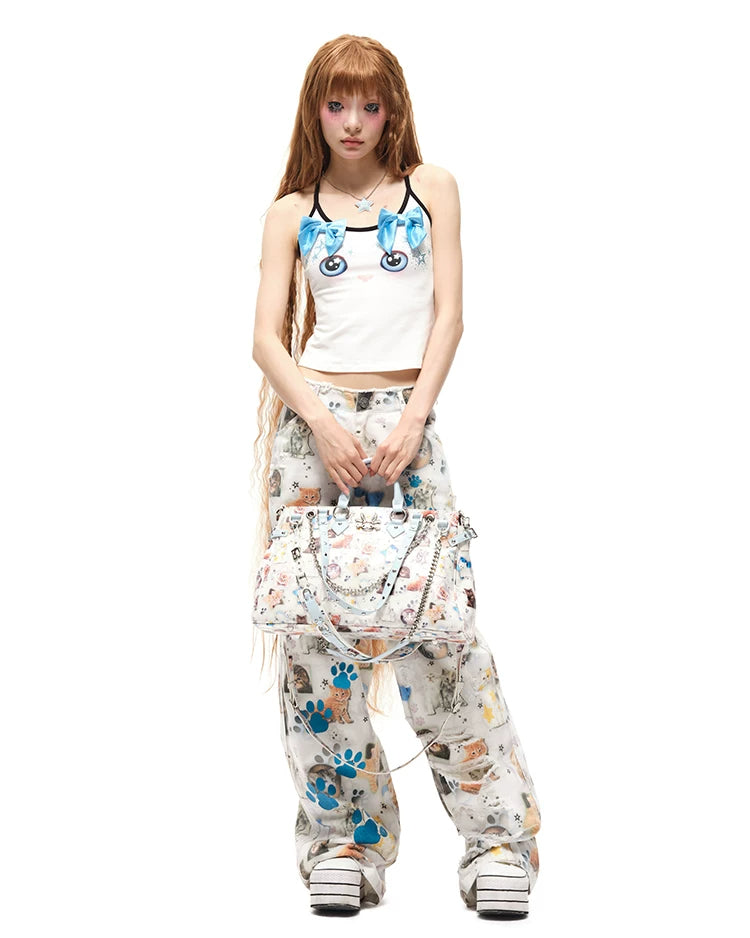 CFIERCE Cat Print Multi-Strap Handbag - cat print handbag held with printed outfit