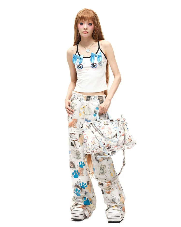 CFIERCE Cat Print Multi-Strap Handbag - cat print handbag front modeled