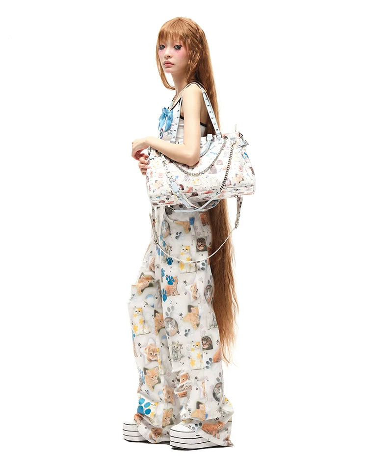 CFIERCE Cat Print Multi-Strap Handbag - cat print handbag shoulder styling full outfit