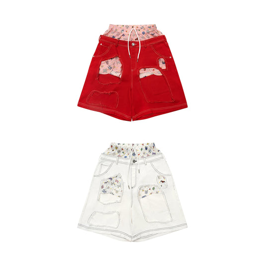 CFIERCE Layered-Waist Distressed Denim Shorts - red and white longline denim shorts front color comparison