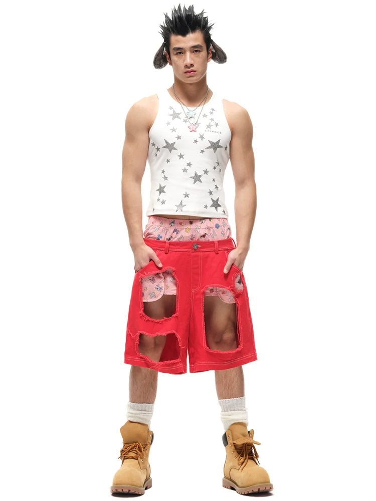 CFIERCE Layered-Waist Distressed Denim Shorts - red distressed denim shorts modeled front