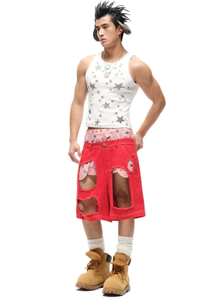 CFIERCE Layered-Waist Distressed Denim Shorts - red distressed denim shorts styled side front