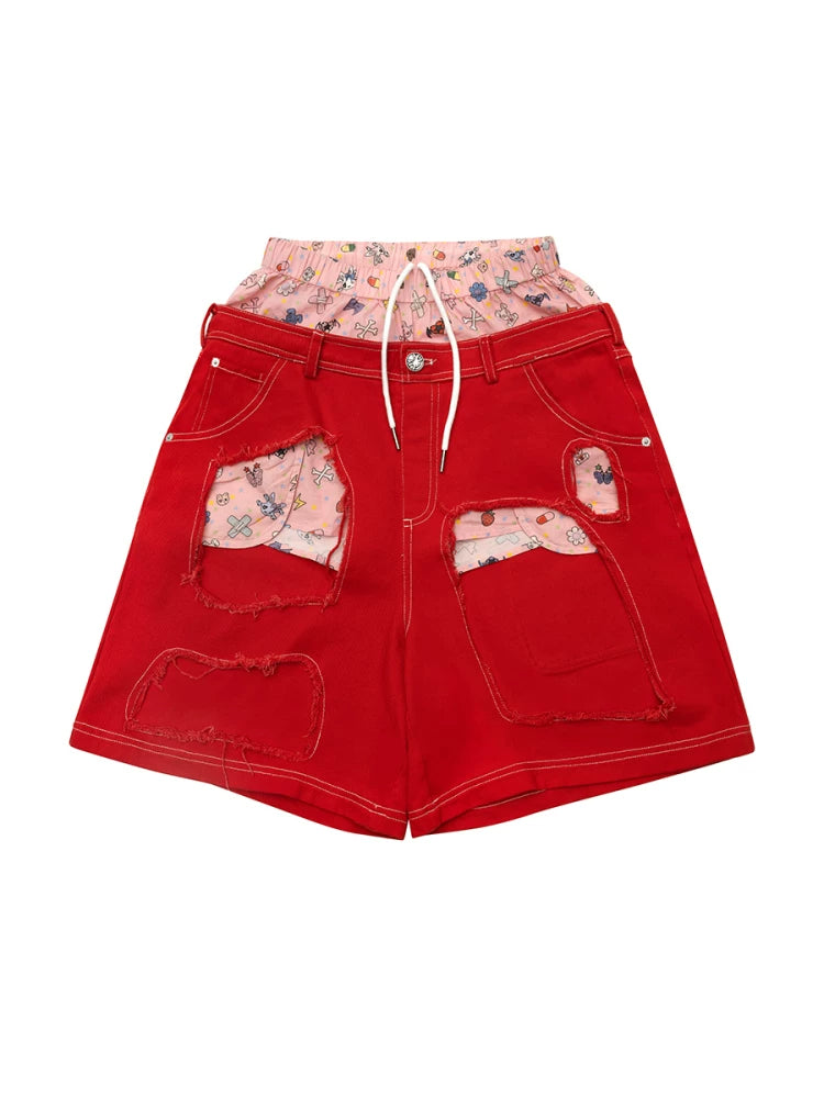 CFIERCE Layered-Waist Distressed Denim Shorts - red distressed denim shorts product front