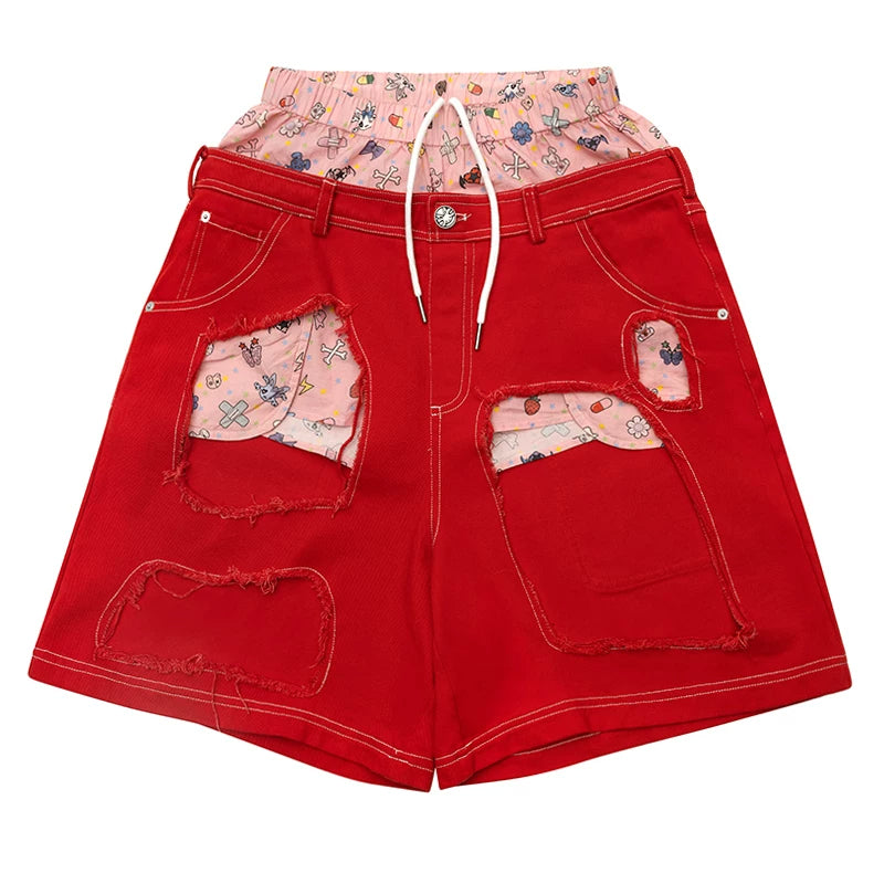 CFIERCE Layered-Waist Distressed Denim Shorts - red distressed denim shorts product front
