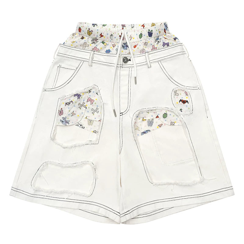 CFIERCE Layered-Waist Distressed Denim Shorts - white distressed denim shorts product front
