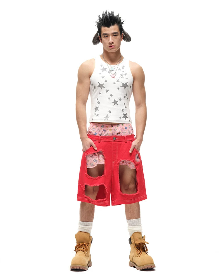 CFIERCE Layered-Waist Distressed Denim Shorts - red denim shorts full model front