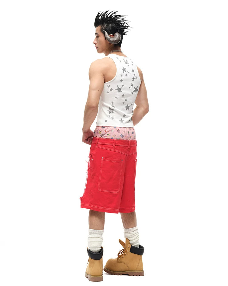 CFIERCE Layered-Waist Distressed Denim Shorts - red denim shorts modeled side