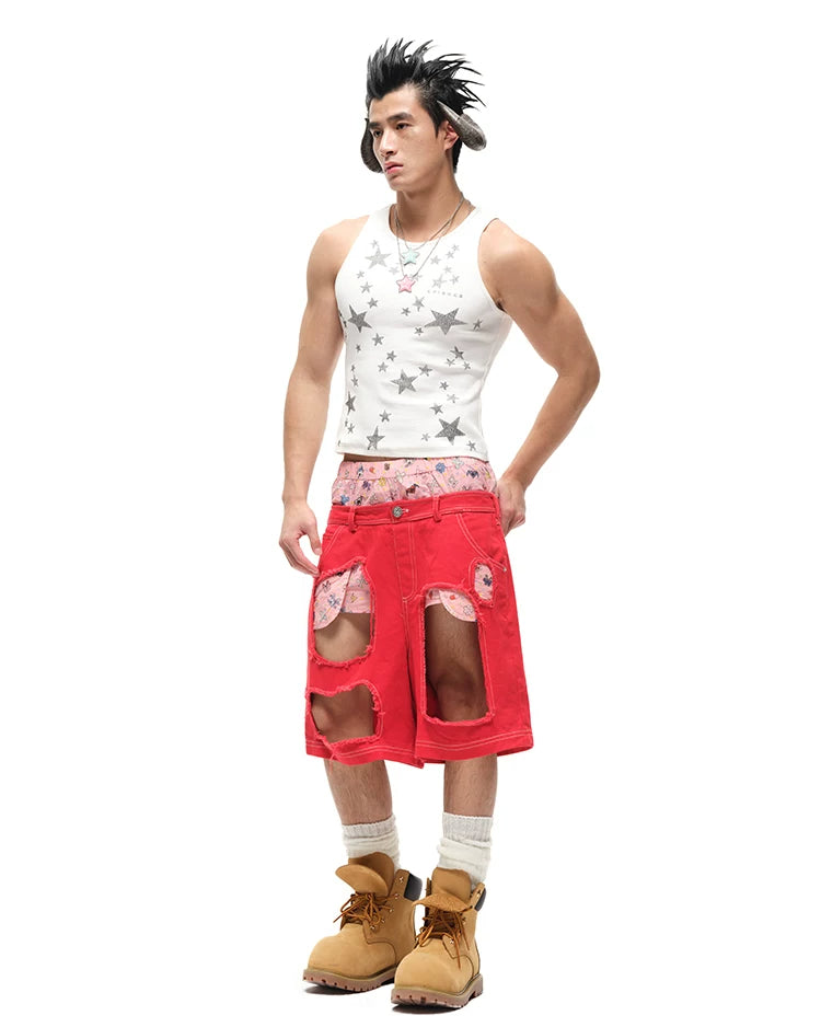 CFIERCE Layered-Waist Distressed Denim Shorts - red denim shorts modeled angled side