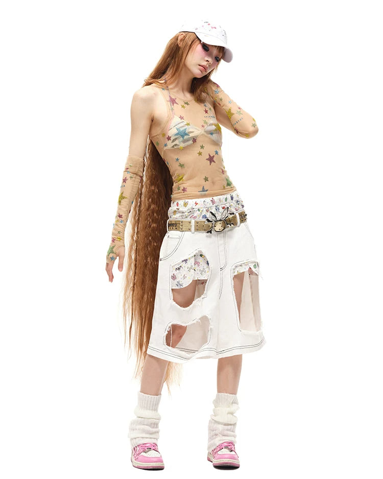 CFIERCE Layered-Waist Distressed Denim Shorts - white denim shorts modeled front