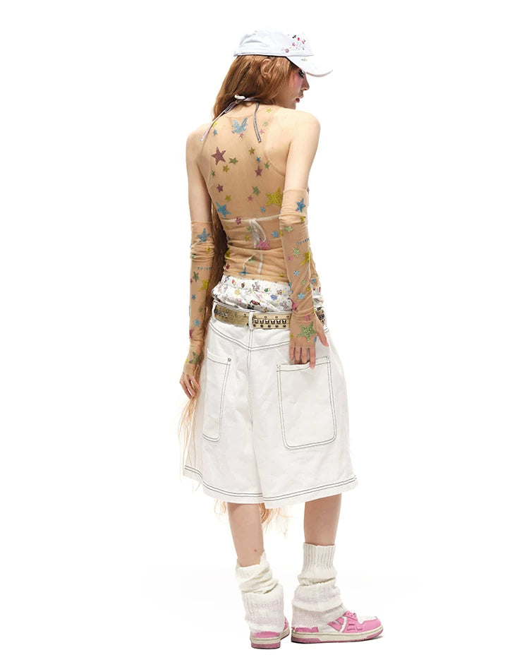 CFIERCE Layered-Waist Distressed Denim Shorts - white denim shorts modeled rear