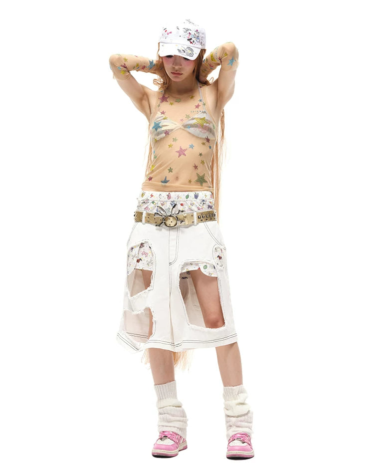 CFIERCE Layered-Waist Distressed Denim Shorts - white denim shorts modeled full outfit