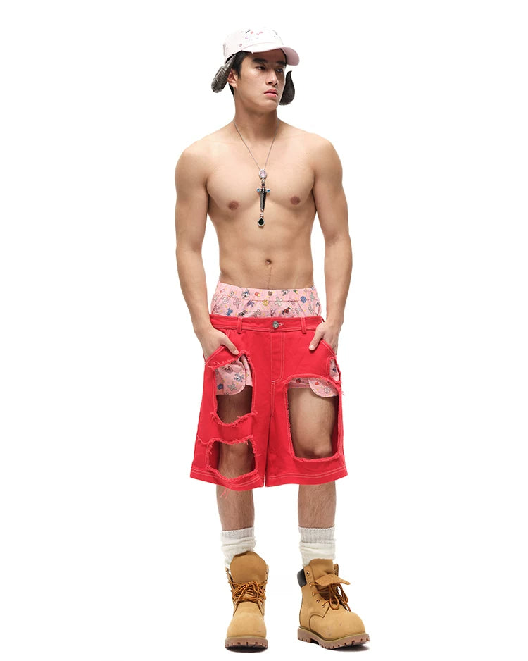 CFIERCE Layered-Waist Distressed Denim Shorts - red denim shorts worn with bare torso