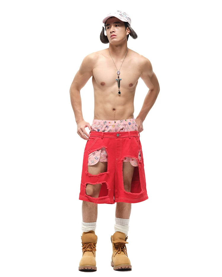 CFIERCE Layered-Waist Distressed Denim Shorts - red denim shorts model full front