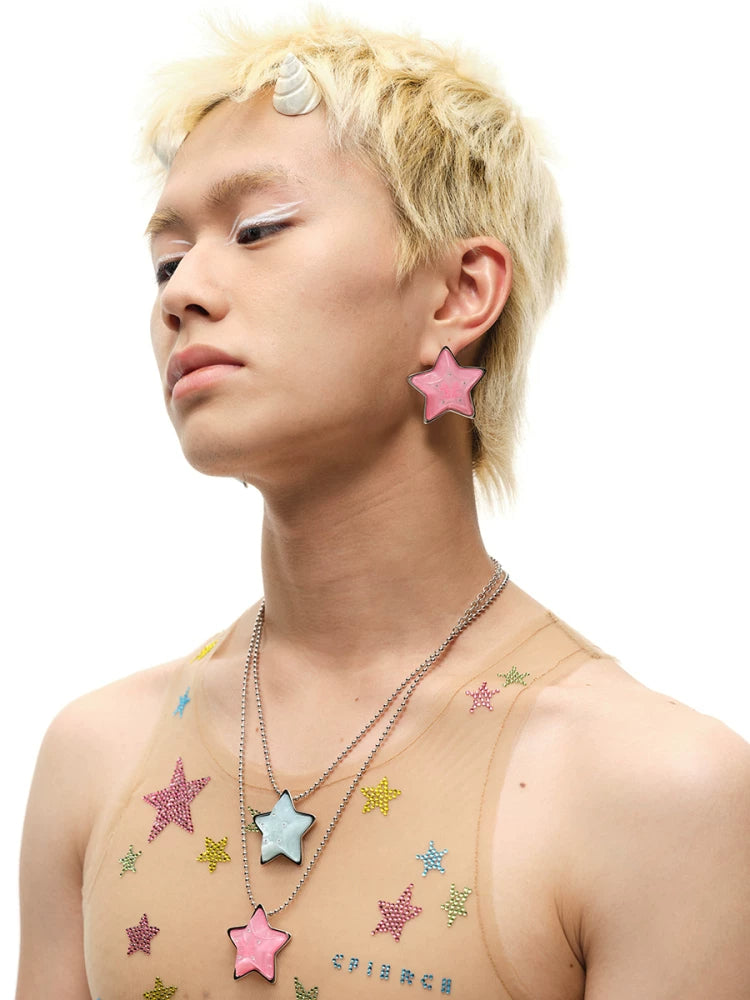 CFIERCE Mismatched Pink & Blue Star Stud Earrings - pink star stud worn on model side