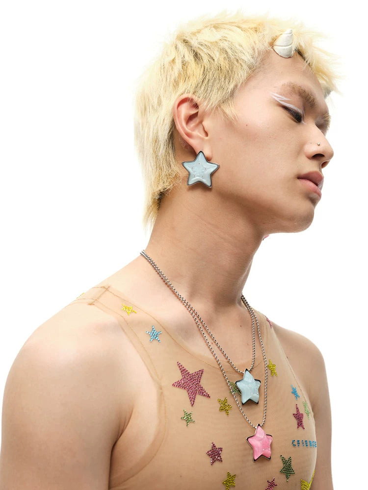CFIERCE Mismatched Pink & Blue Star Stud Earrings - blue star stud worn on model side