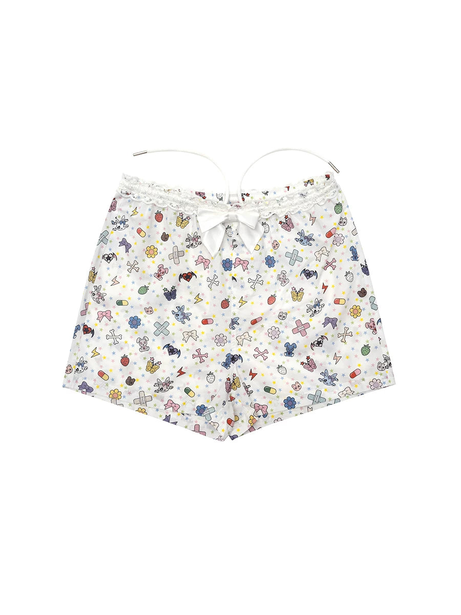 CFIERCE Sticker-Doodle Bow-Waist Shorts - sticker-print shorts front on white