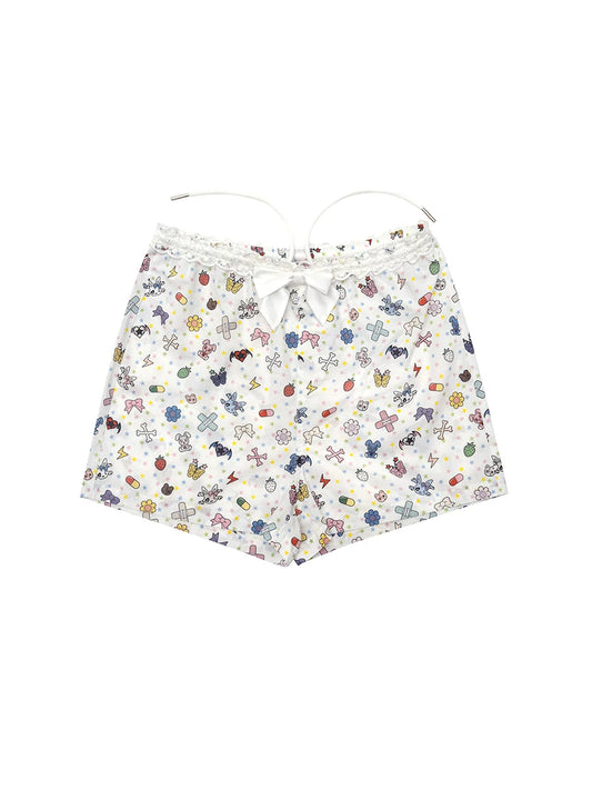 CFIERCE Sticker-Doodle Bow-Waist Shorts - sticker-print shorts front on white