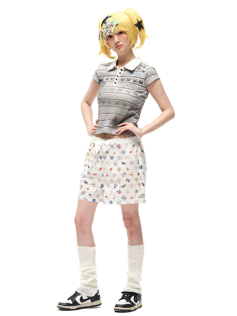 CFIERCE Sticker-Doodle Bow-Waist Shorts - sticker-print shorts on model, side view