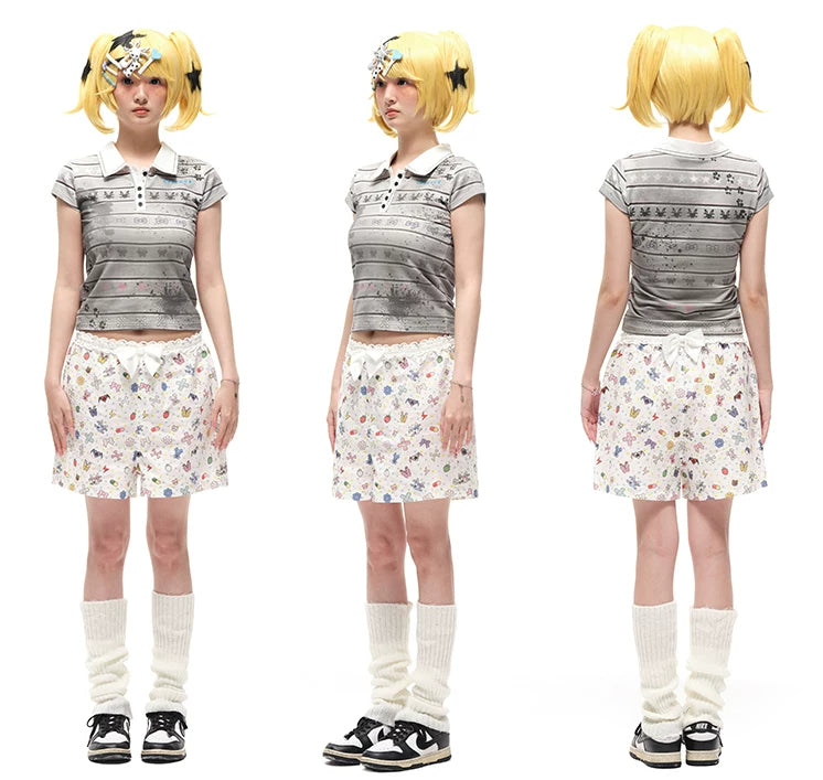 CFIERCE Sticker-Doodle Bow-Waist Shorts - sticker-print shorts front, side and back on model