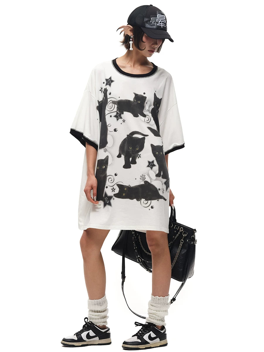 CFIERCE Black Cat Print Oversized T-Shirt - oversized black cat print tee worn full front