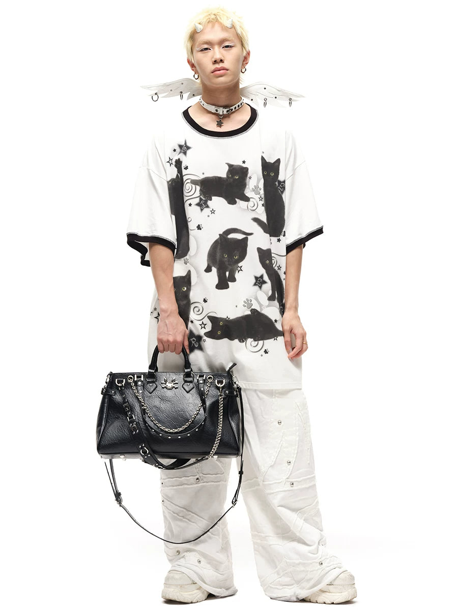 CFIERCE Black Cat Print Oversized T-Shirt - oversized black cat print tee worn with white pants