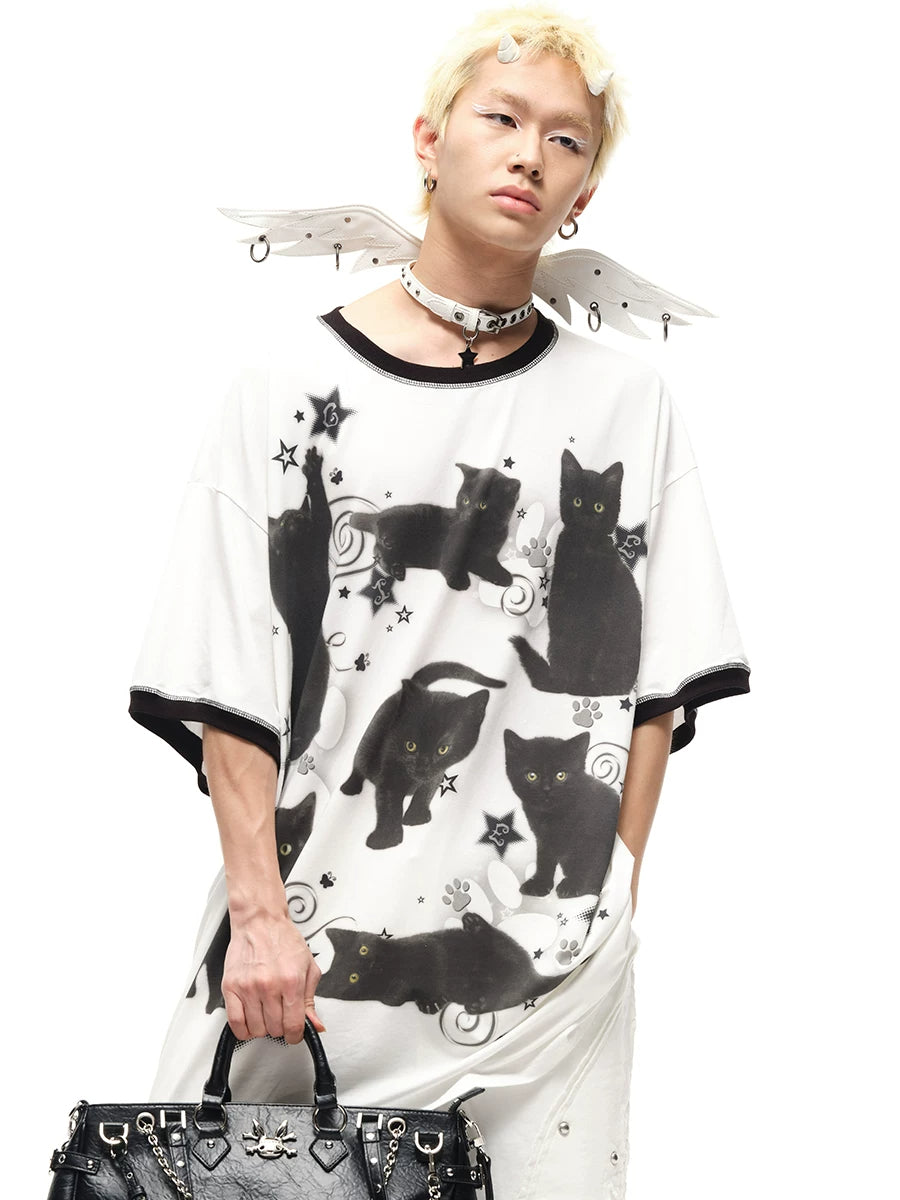CFIERCE Black Cat Print Oversized T-Shirt - oversized black cat print tee chest artwork close