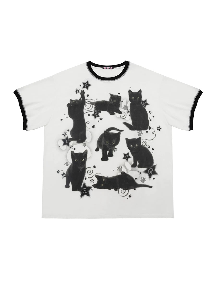 CFIERCE Black Cat Print Oversized T-Shirt - oversized black cat print tee product front