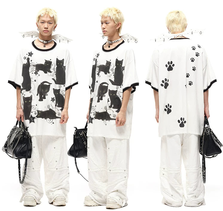CFIERCE Black Cat Print Oversized T-Shirt - oversized black cat print tee female front side and back