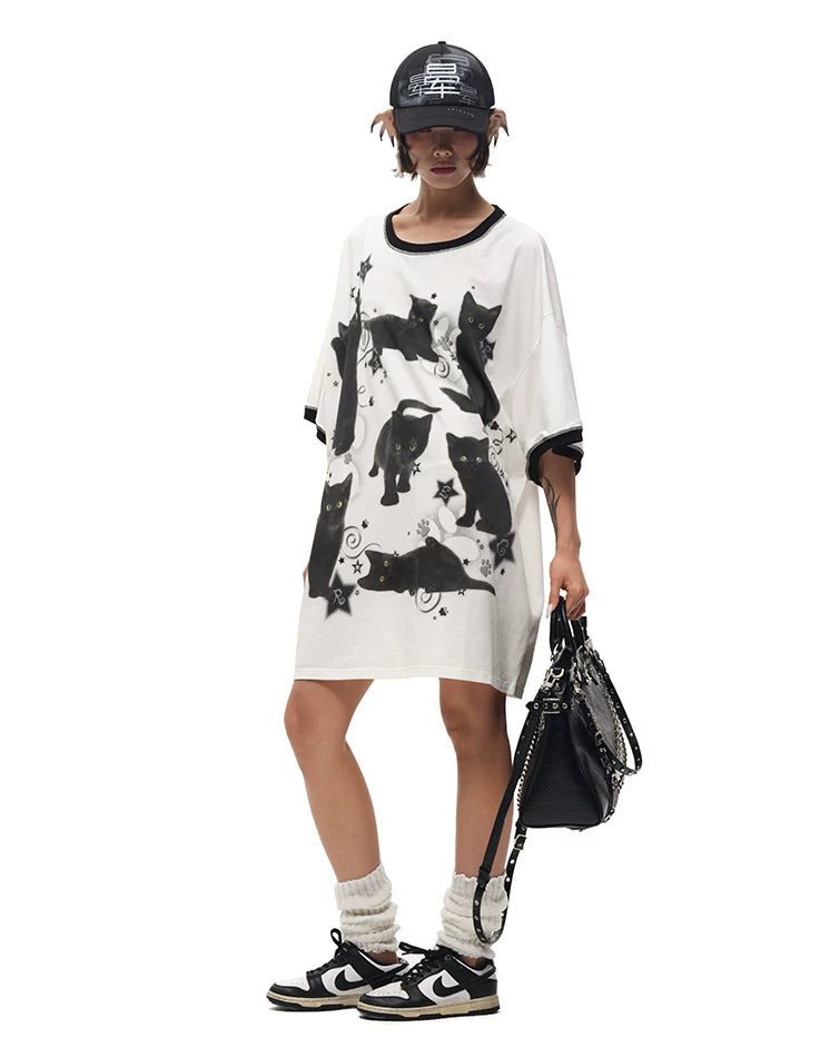 CFIERCE Black Cat Print Oversized T-Shirt - oversized black cat print tee male front side and back