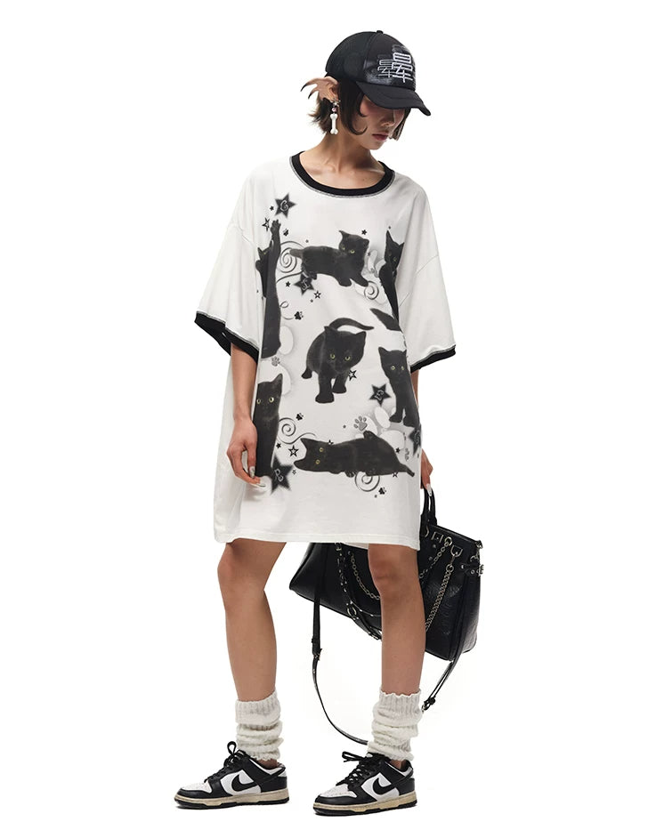 CFIERCE Black Cat Print Oversized T-Shirt - oversized black cat print tee model standing front
