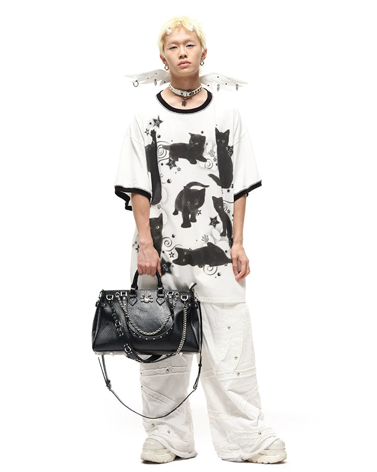 CFIERCE Black Cat Print Oversized T-Shirt - oversized black cat print tee model with black bag