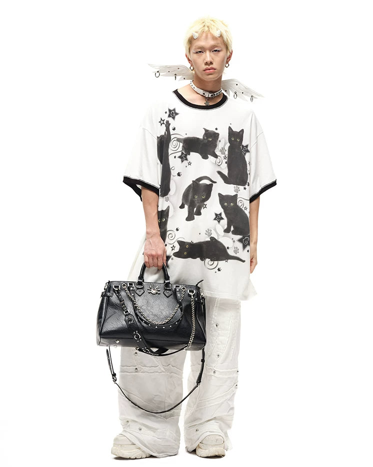 CFIERCE Black Cat Print Oversized T-Shirt - oversized black cat print tee model with white pants