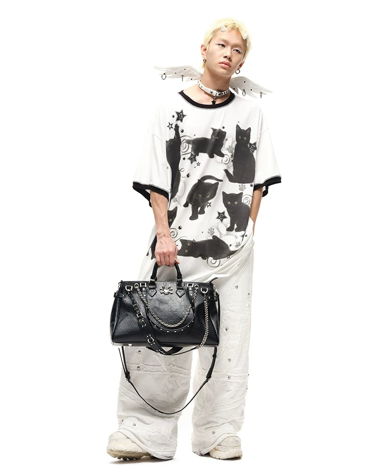 CFIERCE Black Cat Print Oversized T-Shirt - oversized black cat print tee model angled with white pants