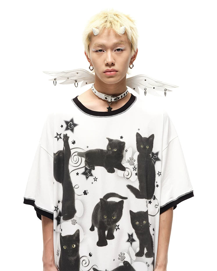 CFIERCE Black Cat Print Oversized T-Shirt - oversized black cat print tee chest graphic front