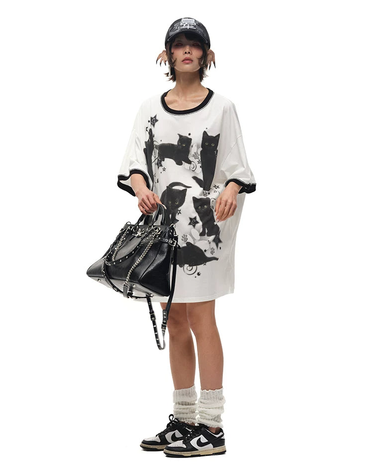 CFIERCE Black Cat Print Oversized T-Shirt - oversized black cat print tee model walking